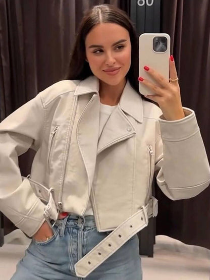 Women Short-Cut Biker Jacket Made of Faux Leather with Waist Belt EVA-US