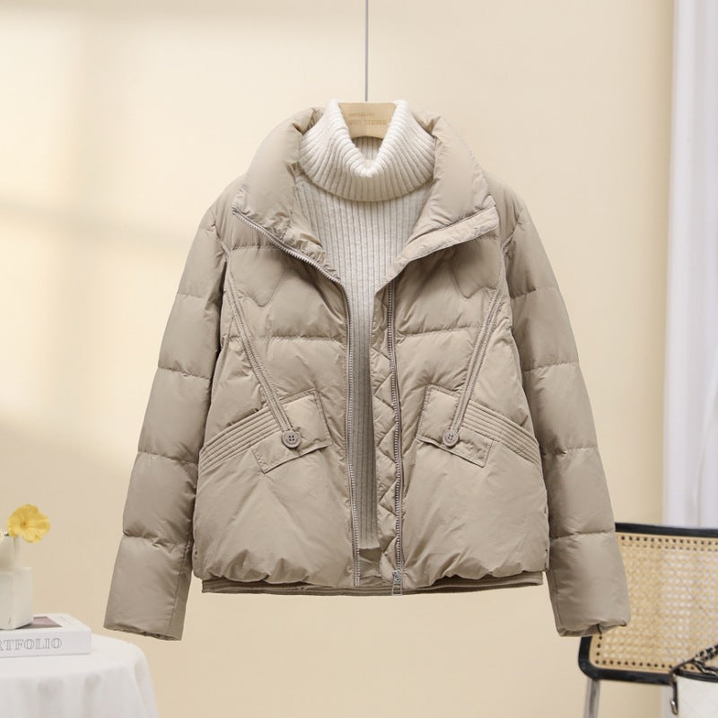 Women's short padded winter jacket with high stand-up collar and belted waist detail EVA-US