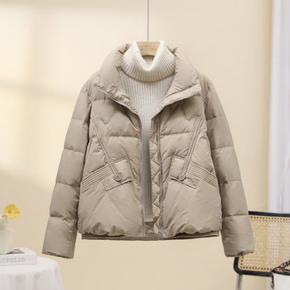 Women's short padded winter jacket with high stand-up collar and belted waist detail EVA-US