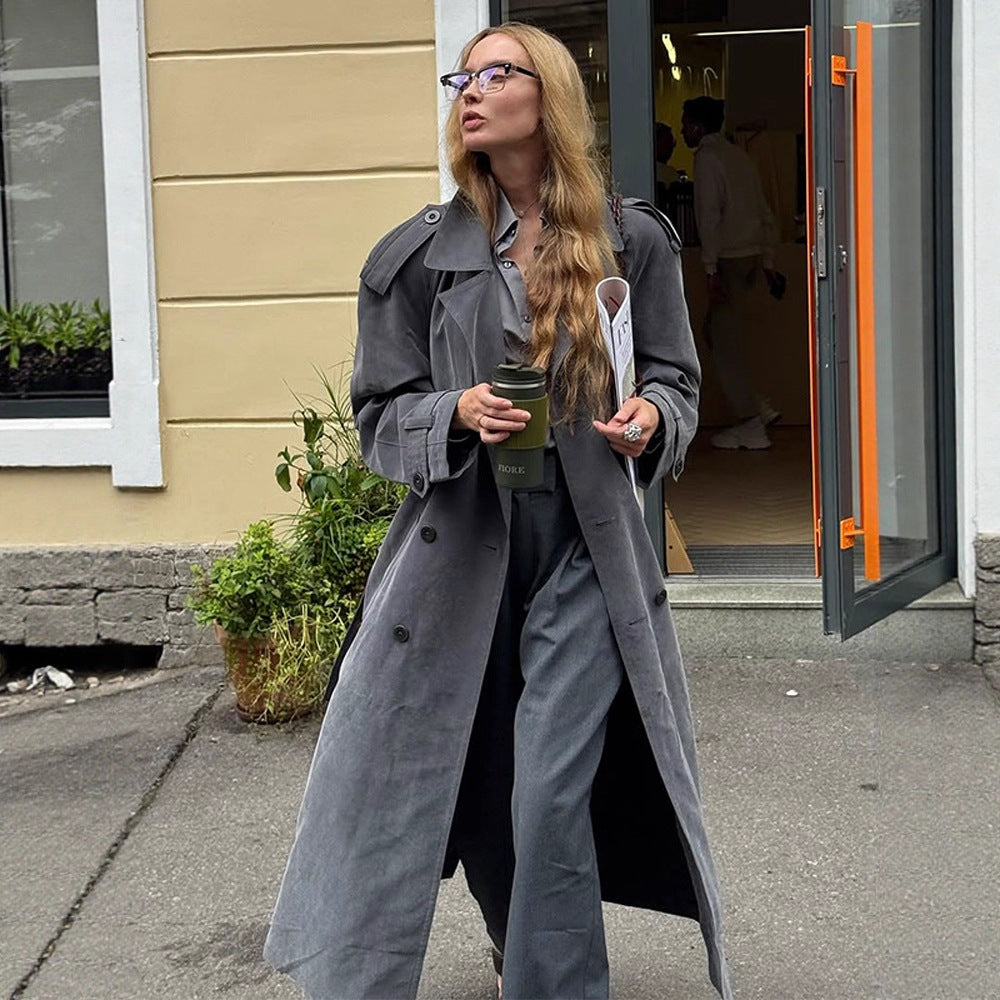 Women's Maxi Long Oversized Trench Coat made of soft velour with shoulder patches and double-breasted button placket EVA-US