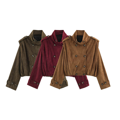 Women's Short-Cut Double-Breasted Suede-Look Bomber with Stand-Up Collar and Shoulder Patches EVA-US