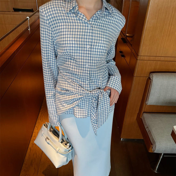 Women's Gingham Wrap Blouse with Side Waist Tie and Shirt Collar EVA-US