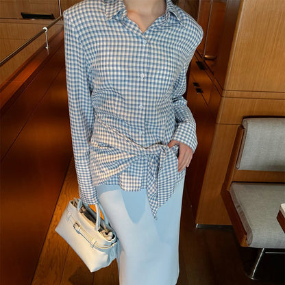 Women's Gingham Wrap Blouse with Side Waist Tie and Shirt Collar EVA-US
