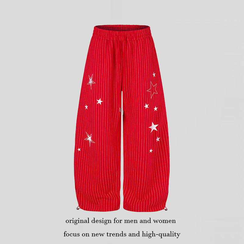 Women Wide Palazzo Sweatpants with Pinstripes, Star Print & Adjustable Hem