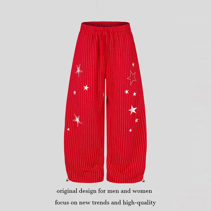 Women Wide Palazzo Sweatpants with Pinstripes, Star Print & Adjustable Hem