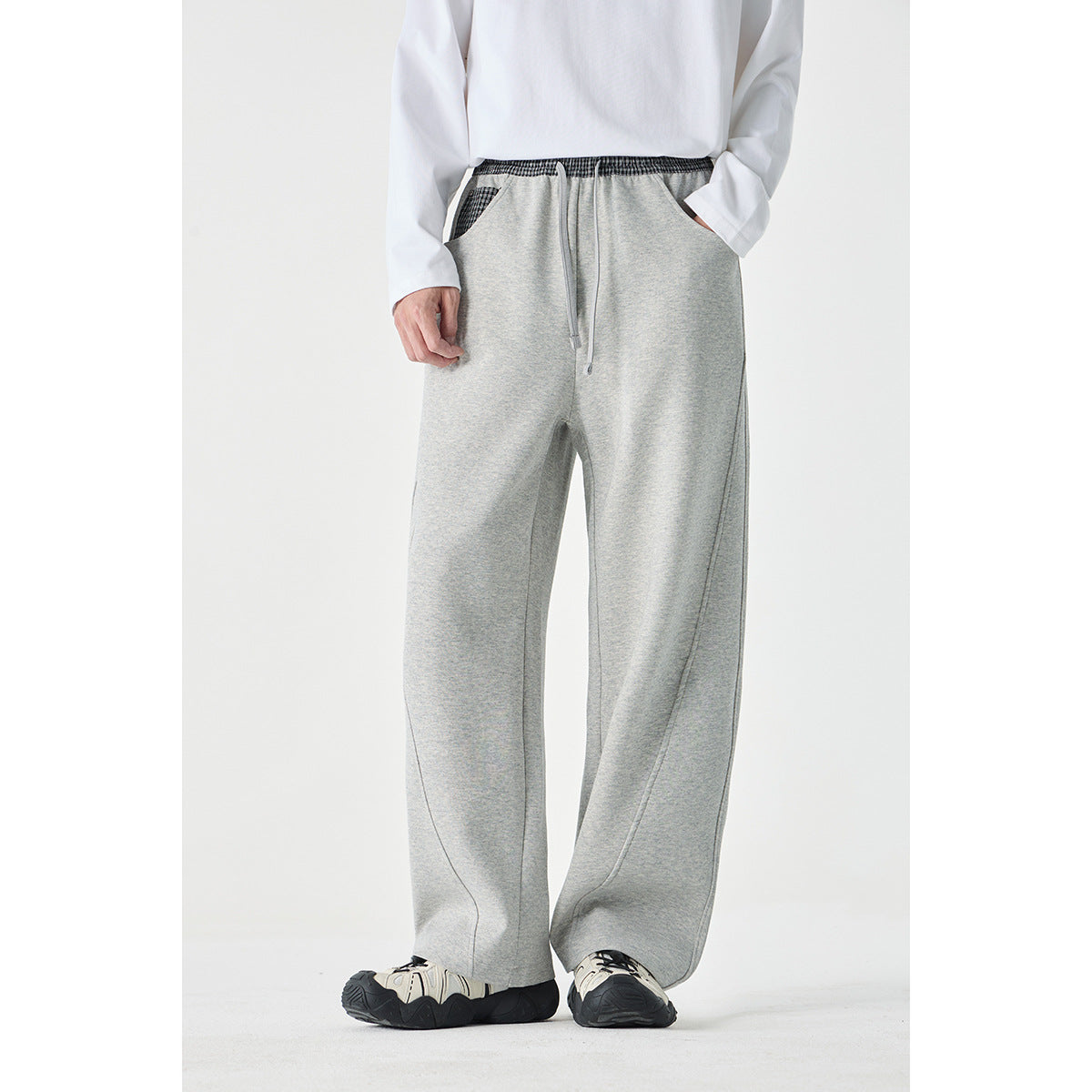 Women's Cropped Relaxed Jogging Pants with Elastic Drawstring, Check Detail, and Decorative Seams