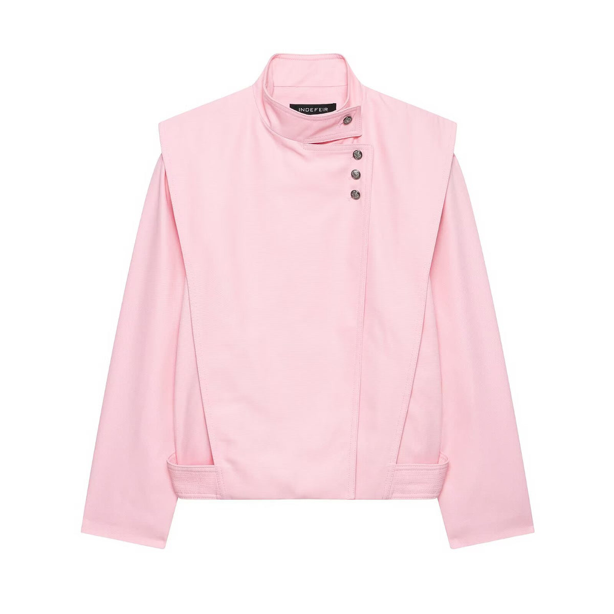 Women's Short Asymmetric Jacket with High Stand-Up Collar and Cape Shoulder EVA-US