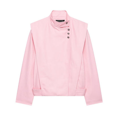 Women's Short Asymmetric Jacket with High Stand-Up Collar and Cape Shoulder EVA-US