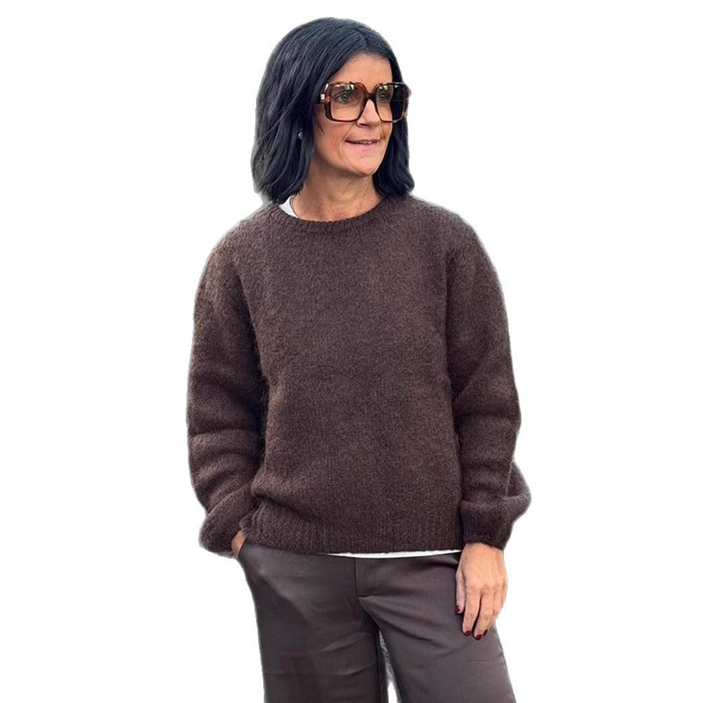 Women's Fluffy Round Neck Sweater with Balloon Sleeves and Boxy Silhouette EVA-US