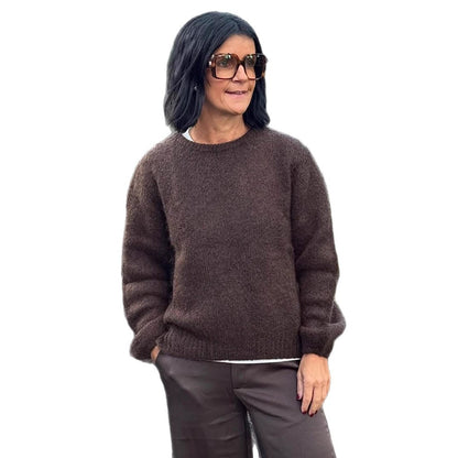 Women's Fluffy Round Neck Sweater with Balloon Sleeves and Boxy Silhouette EVA-US
