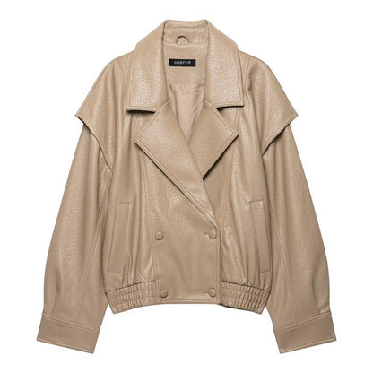 Women's Short Cut Faux Leather Jacket in Oversized Trench Style EVA-US