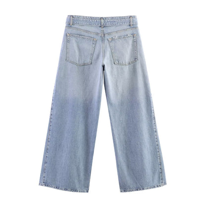 Women Wide Denim Jeans with Side Slits and Palazzo Cut EVA-US