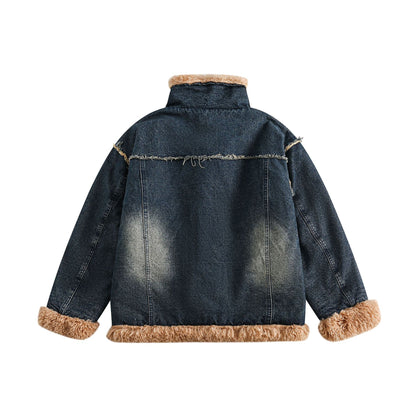 Women's denim jacket with teddy lining, high buckle collar and used effect EVA-US