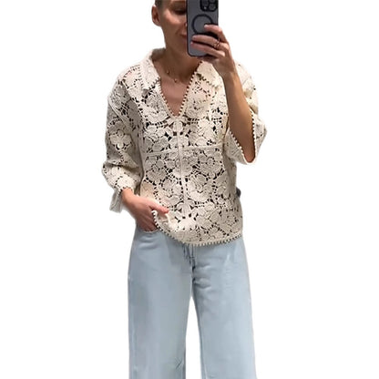 Women Crocheted Blouse with Floral Openwork Pattern and Three-Quarter Sleeves EVA-US