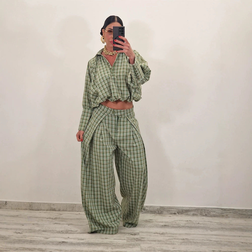 Women Two-Piece Checked Set with Cropped Oversized Shirt and Wide Pleated Trousers EVA-US