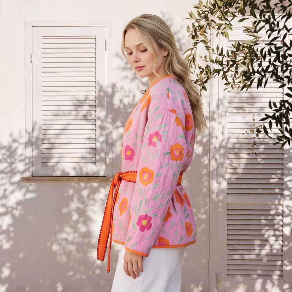 Women's Quilted Floral Kimono with Tie Belt EVA-US