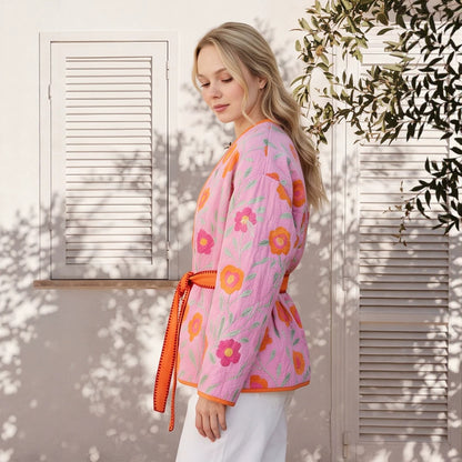 Women's Quilted Floral Kimono with Tie Belt EVA-US