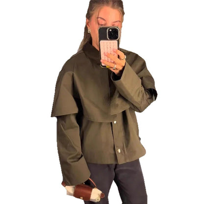 Women's Short Trench Coat with Cape Overlay and Oversized Sleeves EVA-US