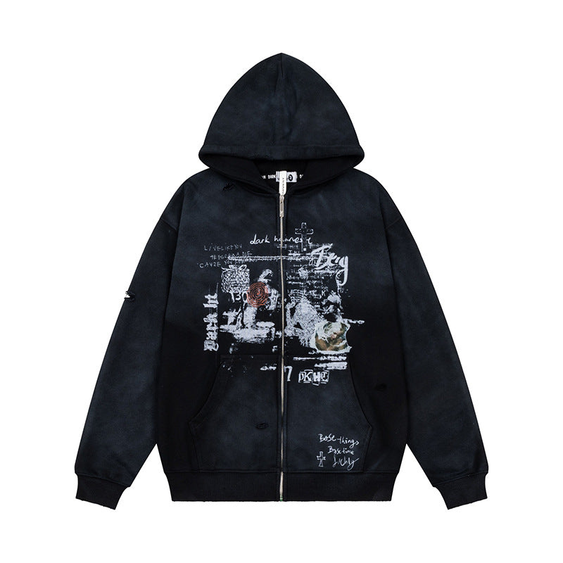 Unisex Oversize Hoodie with Zipper, Used Effect, Vintage Print and Kangaroo Pockets EVA-US