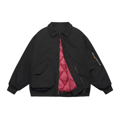 Unisex Short Cut Boxy Bomber Jacket with Quilted Contrast Lining, Utility Patch Pockets and Ribbed Hem EVA-US