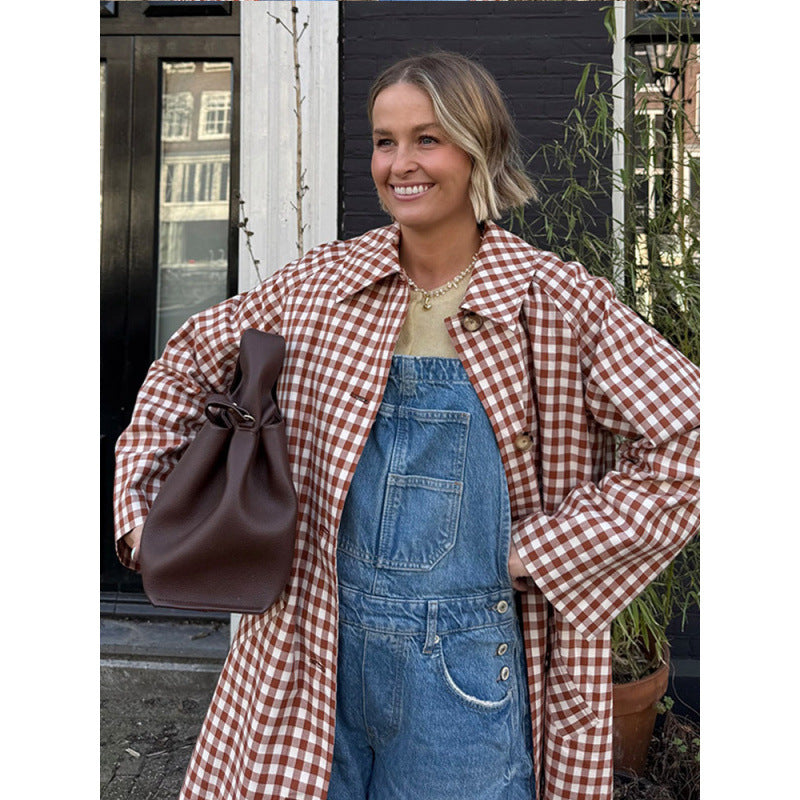 Women's midi-length checked coat in oversized cut with patch pockets EVA-US