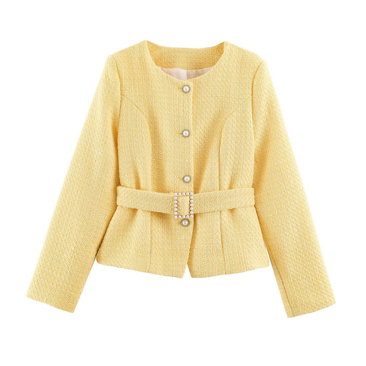 Women's short jacket in boucle tweed style with pearl buttons and waist belt EVA-US