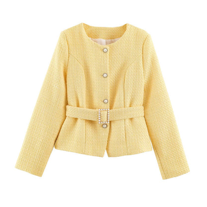 Women's short jacket in boucle tweed style with pearl buttons and waist belt EVA-US