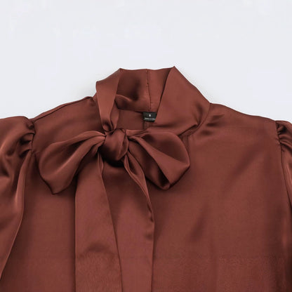 Ladies Two-Piece Satin Set with Bow Blouse and Pleated Culotte EVA-US
