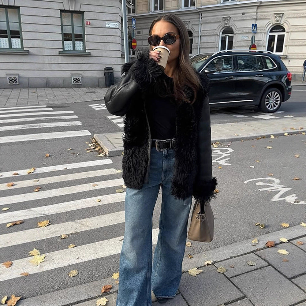 Women's Oversize Faux Leather Aviator Jacket with Voluminous Faux Fur Collar and Teddy Cuffs EVA-US