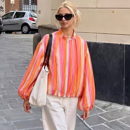 Women Striped Lightweight Bomber Jacket with Balloon Sleeves and Stand Collar EVA-US