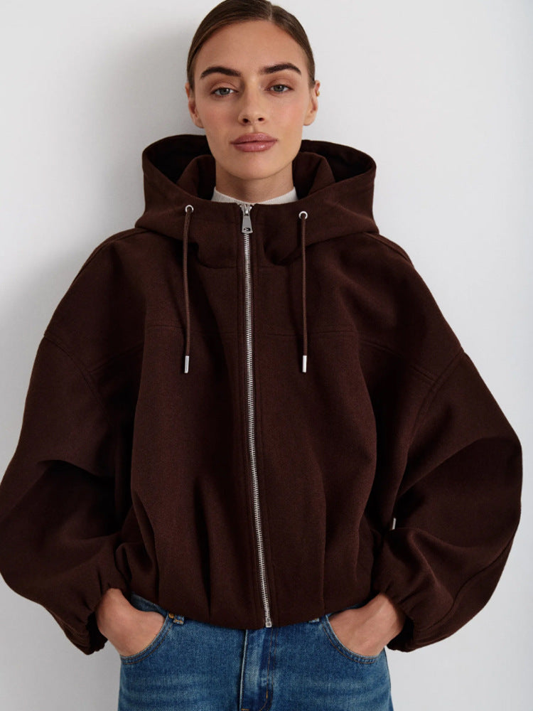 Women’s short jacket made of wool blend with hood, boxy silhouette & gathered hem EVA-US