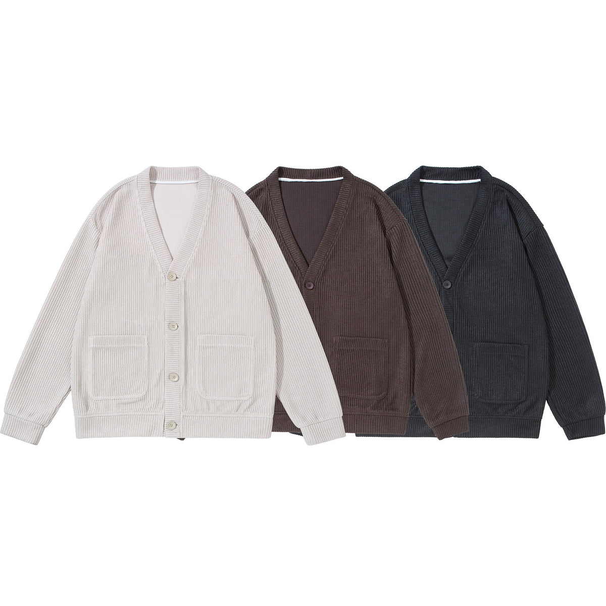 Unisex Textured Button Cardigan with V-Neck and Patch Pockets EVA-US