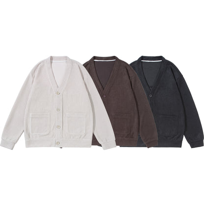Unisex Textured Button Cardigan with V-Neck and Patch Pockets EVA-US
