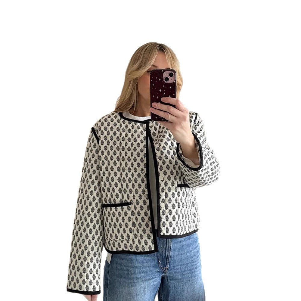 Women's Short Boxy Quilted Jacket with Contrast Piping and Round Neckline EVA-US