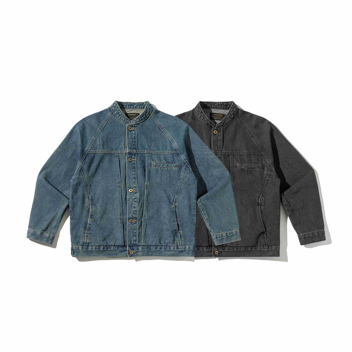 Unisex Boxy Denim Jacket with Stand-up Collar, distinctive seam piping and Button Placket EVA-US