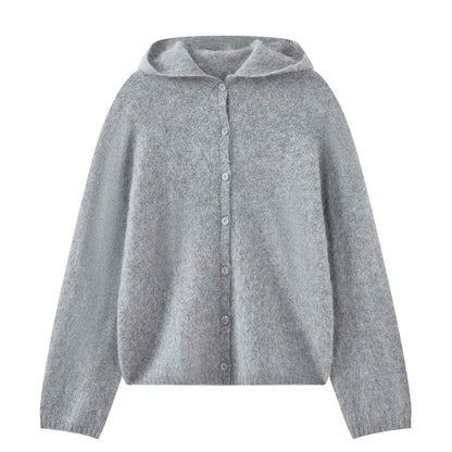 Women Soft Mohair Blend Hooded Button Cardigan with Relaxed Fit EVA-US