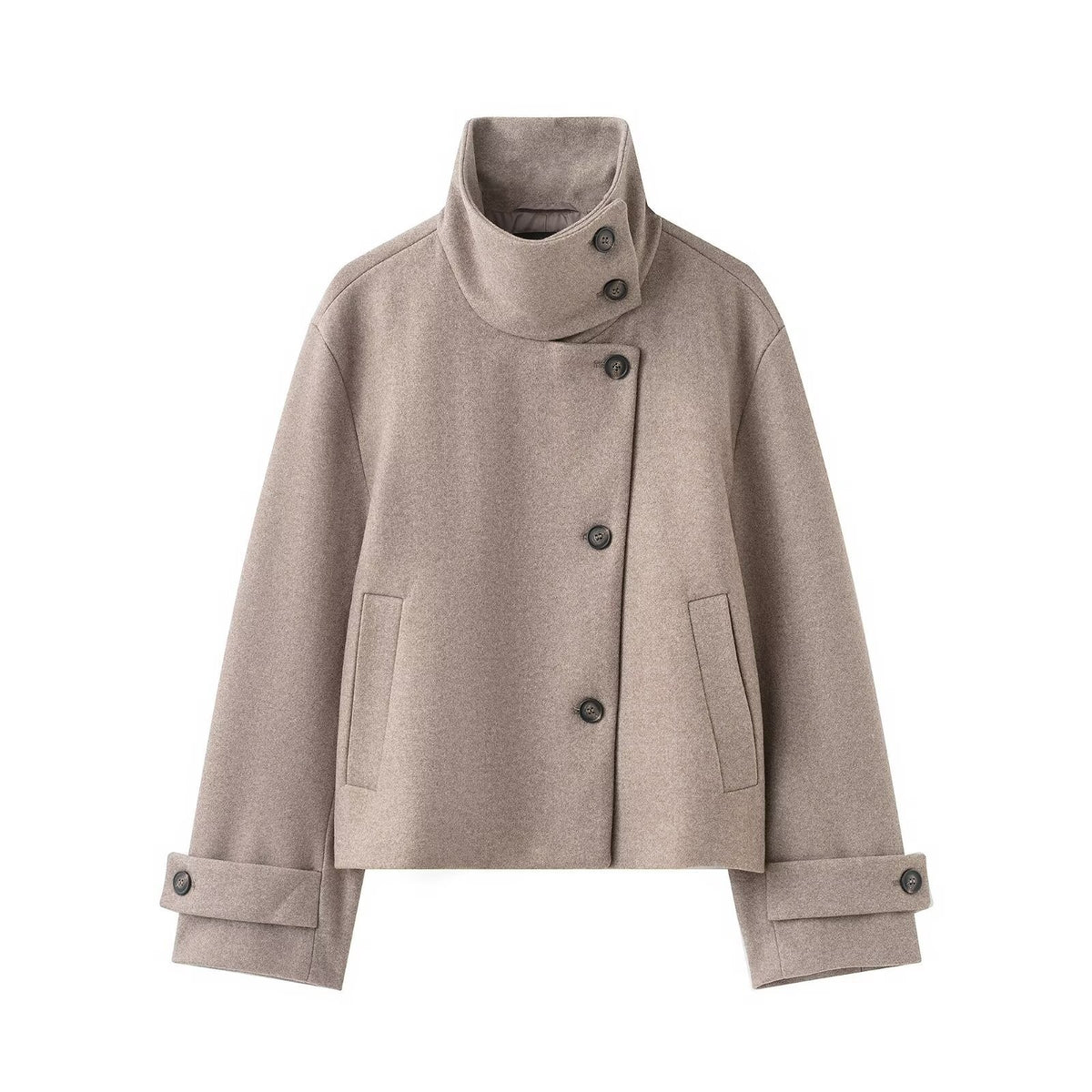 Women's Cropped Wool Blend Short Jacket with High Stand Collar, Asymmetric Button Placket and Cuffed Sleeves EVA-US