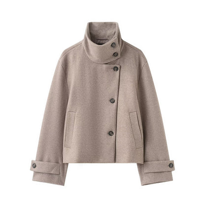 Women's Cropped Wool Blend Short Jacket with High Stand Collar, Asymmetric Button Placket and Cuffed Sleeves EVA-US