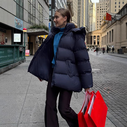 Women's Oversize Quilted Puffer Jacket with Removable Hood and Two-Way Zipper EVA-US