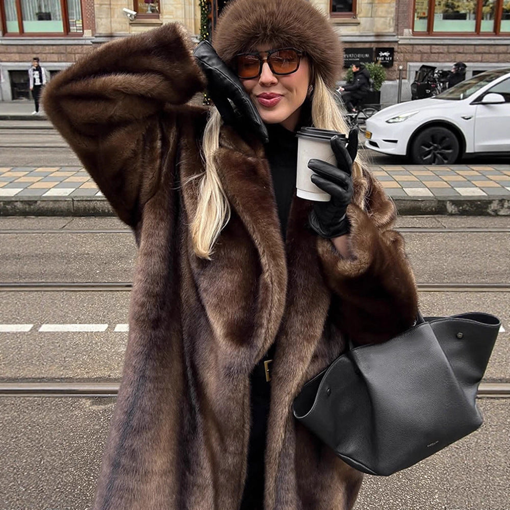 Women Luxurious Long Faux Fur Coat with Oversized Cut and Warming Lining EVA-US