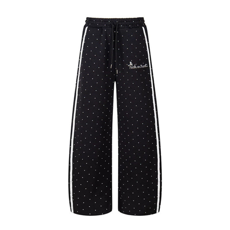 Women's Extra Wide Palazzo Sweatpants in Polka Dot Design with Elastic Comfort Waistband and Side Contrast Stripes EVA-US