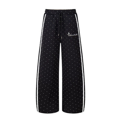 Women's Extra Wide Palazzo Sweatpants in Polka Dot Design with Elastic Comfort Waistband and Side Contrast Stripes EVA-US