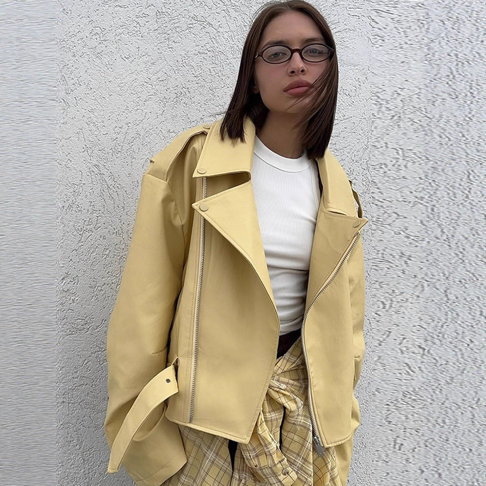 Women's Oversized Biker Jacket made of vegan leather imitation with large lapels and waist belt EVA-US
