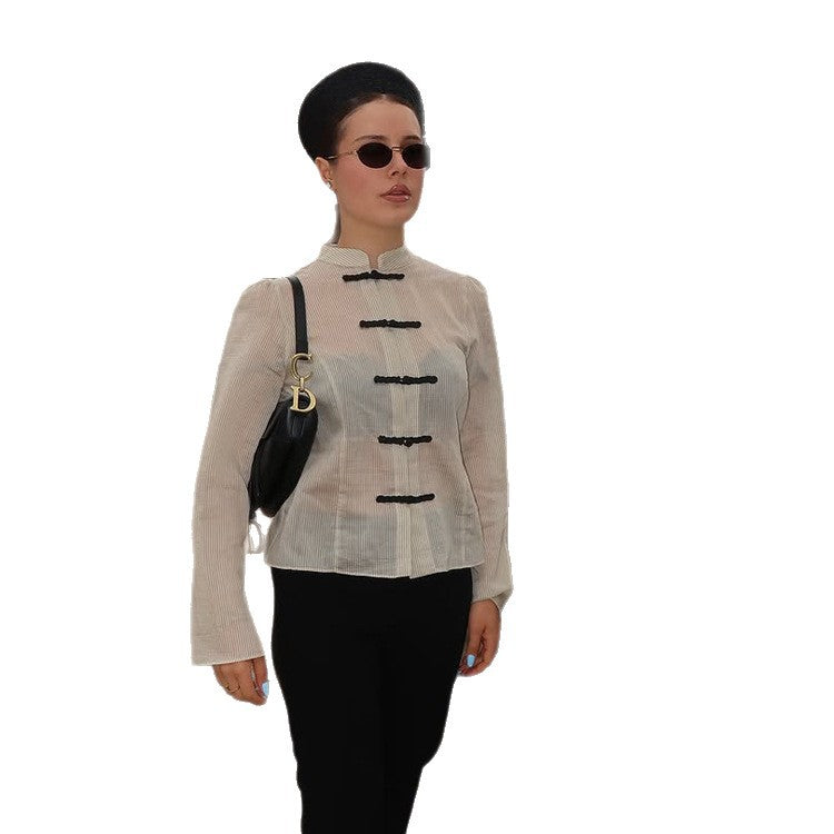 Women’s Chinese-inspired cord jacket with stand-up collar, frog closures & waist belt EVA-US