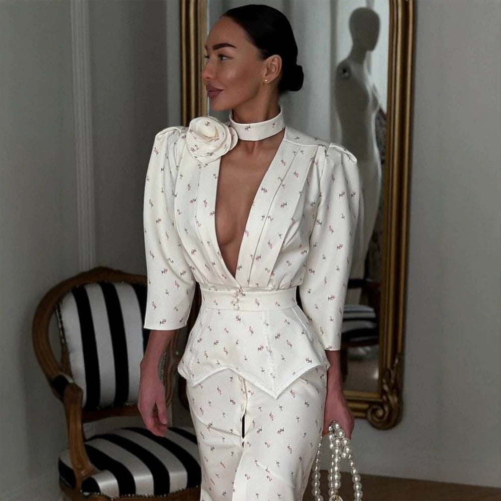 Women tailored pantsuit set with deep V-neck, structured peplum waist, and fine floral jacquard EVA-US
