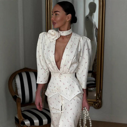 Women tailored pantsuit set with deep V-neck, structured peplum waist, and fine floral jacquard EVA-US