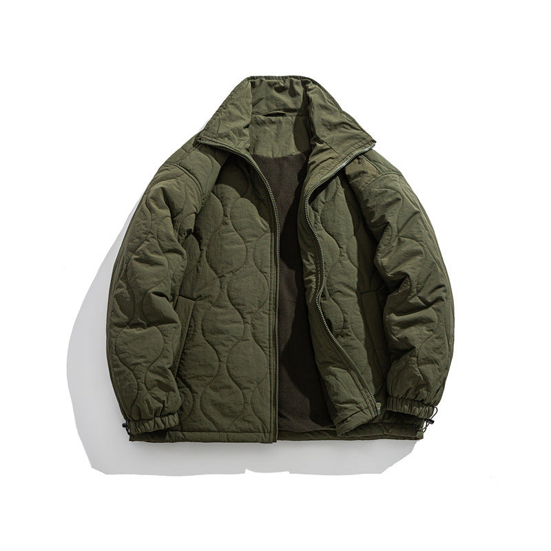 Unisex Boxy quilted jacket in military liner style with high stand-up collar and adjustable hem EVA-US