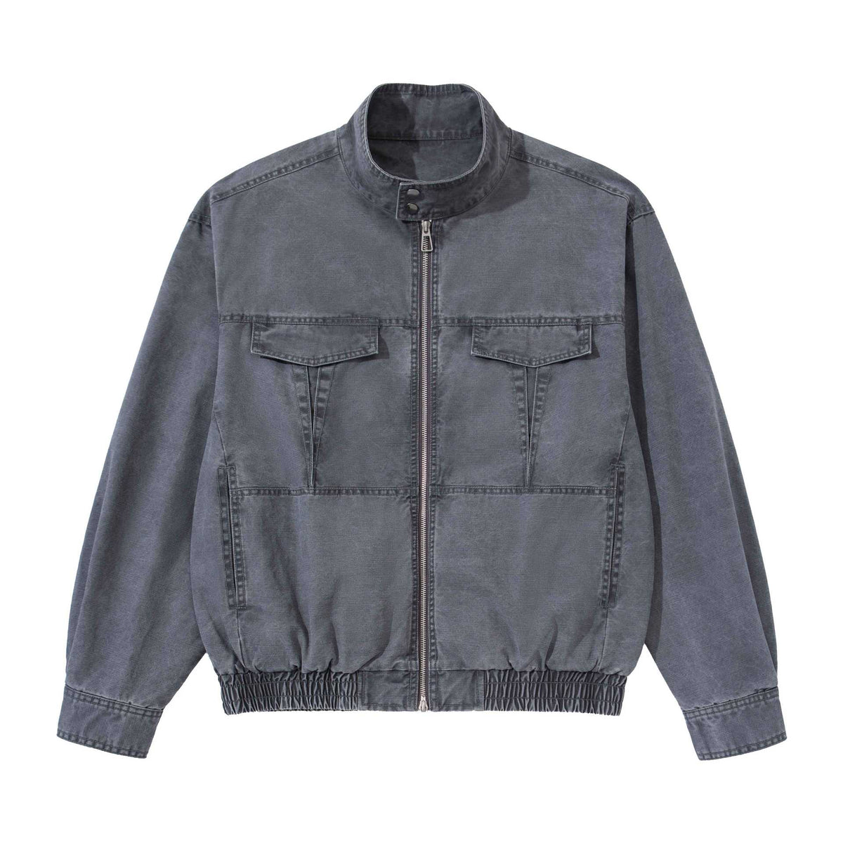 Men's short-cut utility jacket with high stand-up collar, zipper, and elastic hem EVA-US
