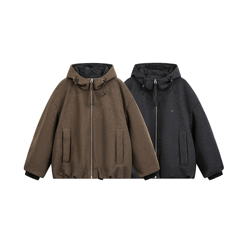 Men's Loose-Fitting Padded Wool Blend Hooded Jacket with Zip and Drawstring EVA-US