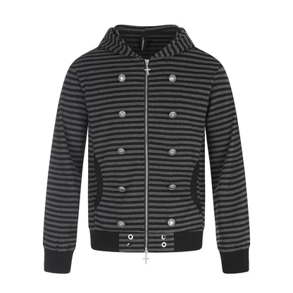 Men Striped Hooded Jacket with Double Button Look, Ribbed Cuffs and Cross Zipper EVA-US